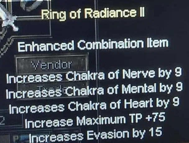 Tooltip for Ring of Radiance II, an Enhanced Combination Item that increases multiple chakra stats and evasion