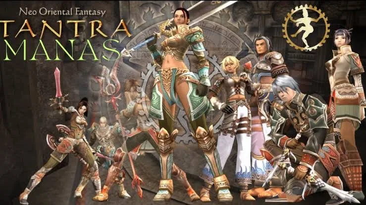 Game title screen showing "Neo Oriental Fantasy TANTRA MANAS" with multiple character class figures in fantasy armor and weapons arranged across the image.