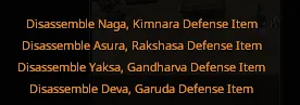 Four defense items listed in gold text on black background: Disassemble Naga, Asura, Yaksa, and Deva with their respective defense item types