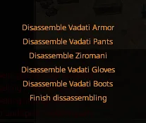 A disassembly menu for Vadati Armor pieces showing options to disassemble the armor, pants, Zimogami, gloves, and boots, with a finish disassembling option at the bottom.