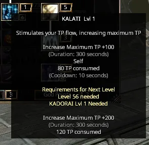 Tooltip for KALATI Lvl 1 skill showing TP flow increase and requirements for next level