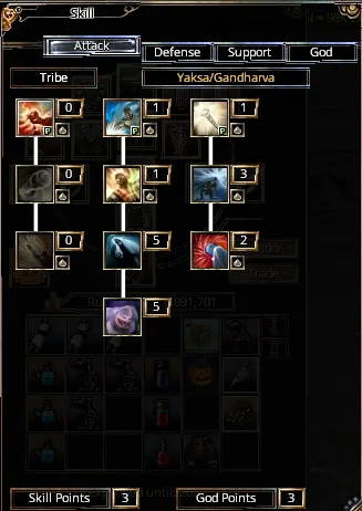 A skill tree interface for a Yaksa/Gandharva class character showing Attack, Defense, Support and God skill tabs with various skill icons and point allocations displayed