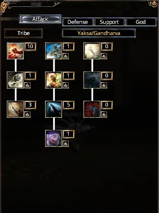 A skill tree for the Battle FS class in Kathana, showing the Yaksa/Gandharva tribe with various skills and their point allocations arranged hierarchically.