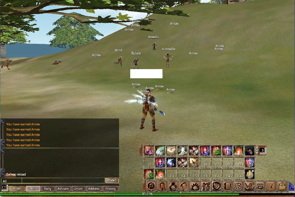 Game screenshot showing a player character surrounded by multiple NPCs labeled Arrow and other names, with combat effects visible and a chat log showing repeated messages about earning arrows.