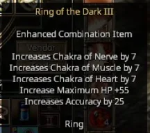 Tooltip for Ring of the Dark III, an enhanced combination item that increases various chakra and accuracy stats