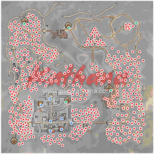 A game map showing a grey landscape with red and white circular markers indicating monster spawn locations, tan pathways, and several building structures with NPC icons throughout the terrain.
